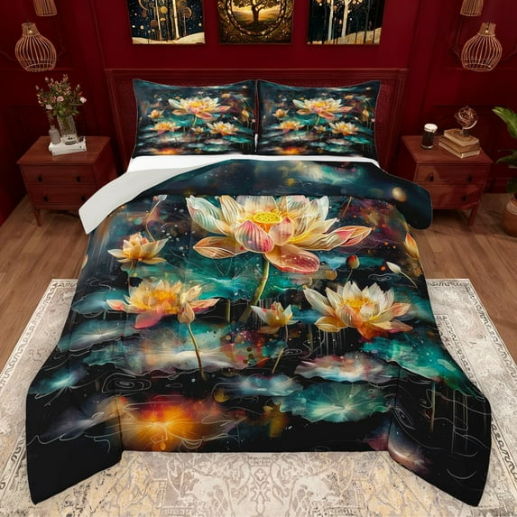 Manfei Country Lotus Leaf Queen Comforter Set,Rustic Plant Bedding Sets,Lake Botanical Floral Bedding Comforter Set For Girls Teens,Super Cozy Room Decor Reversible,3pcs