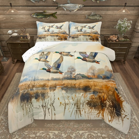 Manfei Country Mallard Duck Full Size Comforter Sets,Western Rustic Farm Bedding Comforter Set,Wild Country Animal Bedding Sets For Child,Ultra Soft Home Decor Reversible,3pcs