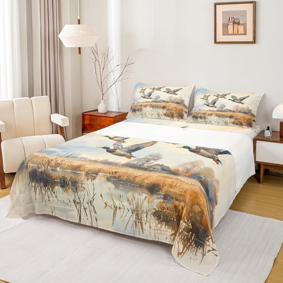 Manfei Country Mallard Duck Twin Sheet Sets,Western Rustic Farm Twin Fitted Sheet,Wild Country Animal Flat Sheet For Child,Ultra Soft Home Decor,3 Pieces
