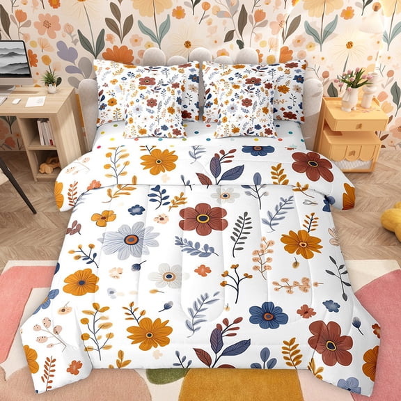 Manfei Country Plant Floral 7-Piece Bedding Comforter Set,Rustic Botanical Flower King Bedding Sets,White Orange Red Bed Sheets For Adults,Ultra Soft Home Decor Reversible