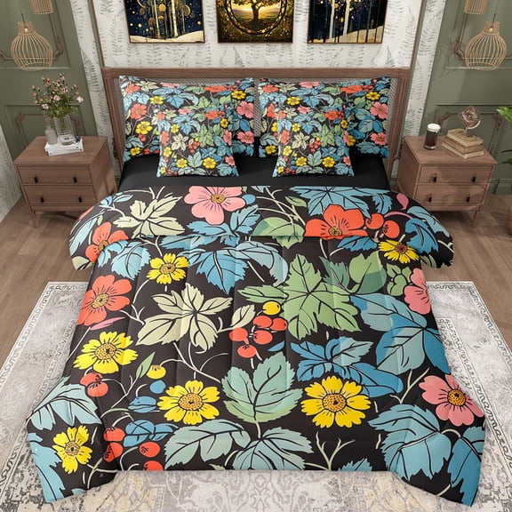 Manfei Country Plant Floral 7-Piece Twin Bedding Sets,Rustic Botanical Flower Bedding Comforter Set,Yellow Orange Green Sheet Sets For Adults,Ultra Soft Home Decor Reversible