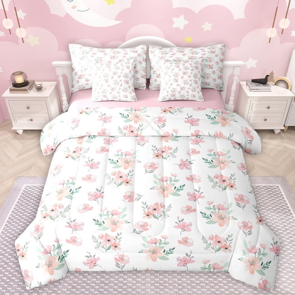 Manfei Country Plant Floral 7pcs Bedding Comforter Set,Rustic Botanical Flower Queen Bedding Sets,Pink White Queen Sheet Sets For Adults,Ultra Soft Home Decor Reversible