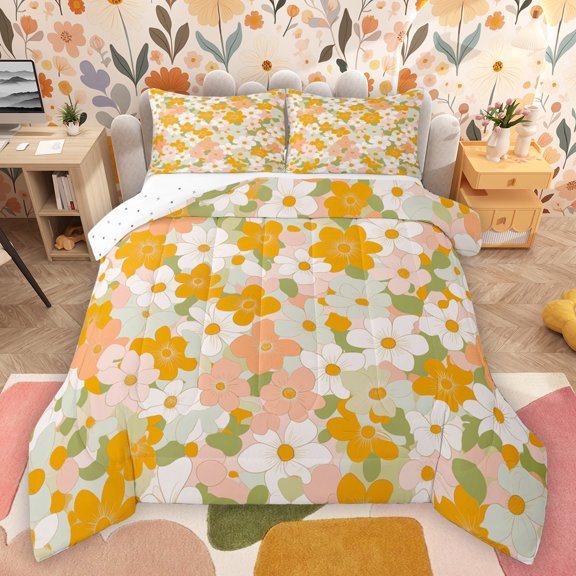 Manfei Country Plant Floral Bedding Comforter Set,Rustic Botanical Flower Twin Comforter Sets,Green White Orange Bedding Set For Adults,Ultra Soft Home Decor Reversible,2pcs
