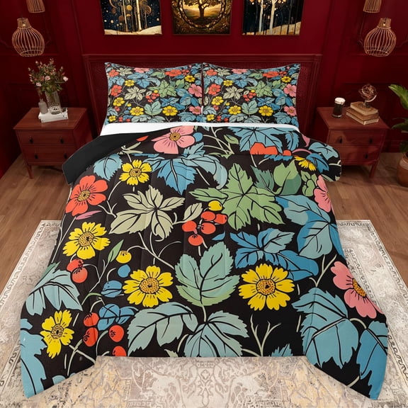 Manfei Country Plant Floral Bedding Comforter Set,Rustic Botanical Flower Twin Comforter Sets,Yellow Orange Green Bedding Set For Adults,Ultra Soft Home Decor Reversible,2 Pieces