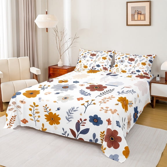 Manfei Country Plant Floral Full Size Sheets,Rustic Botanical Flower Bed Sheets,White Orange Red Sheet Sets For Adults,Ultra Soft Home Decor,4 Pieces