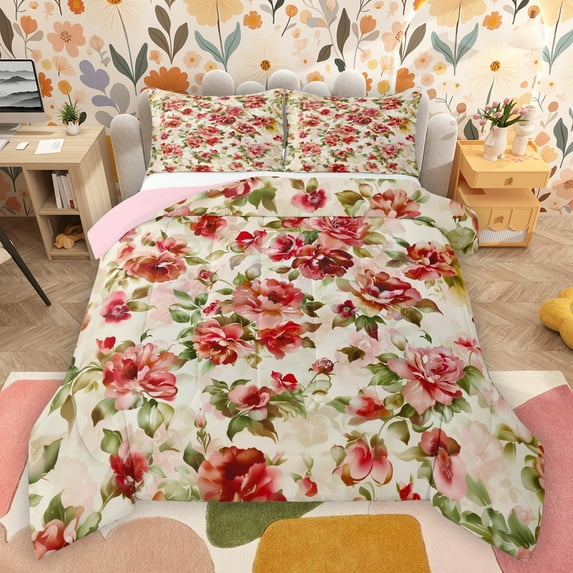 Manfei Country Plant Floral Queen Comforter Set,Rustic Botanical Flower Bedding Sets,Beige Pink Green Bedding Comforter Set For Adults,Ultra Soft Home Decor Reversible,3pcs
