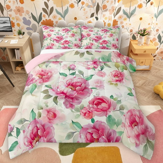 Manfei Country Plant Floral Queen Comforter Set,Rustic Botanical Flower Bedding Sets,Pink Beige Green Bedding Comforter Set For Adults,Ultra Soft Home Decor Reversible,3 Pieces