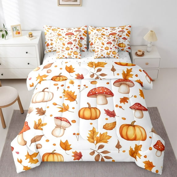 Manfei Country Pumpkin Mushroom 7-Piece Bedding Comforter Set,Hello Fall King Bedding Sets,Orange Leaves Maples Bed Sheets For Child,Ultra Soft Home Decor