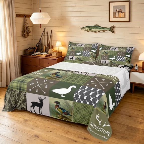 Manfei Country Style Bear Bed Sheets, Rustic Adventure Arrow Full Size Sheets, Green, 4pcs, 1 Flat Sheet, 1 Fitted Sheet and 2 Pillowcases