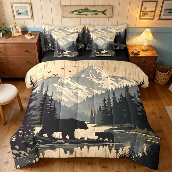 Manfei Country Style Bear Full Size Bedding Sets, Farmhouse Country Scenery Full Size Bed in a Bag, Tan Black, Black Reversible, 7 Pieces