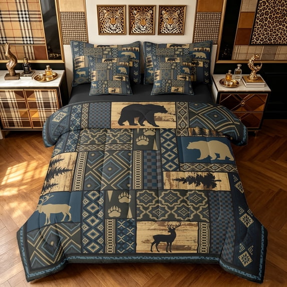 Manfei Country Style Bear King Bedding, Neutral Farmhouse Aztec King Bed in a Bag, Brown Blue, Black Reversible, 7-Piece