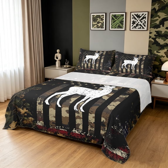 Manfei Country Style Deer Queen Sheets, Farmhouse Country US FlagQueen Sheet SetsBlack Dark Brown, 4 Pieces, 1 Flat Sheet, 1 Fitted Sheet and 2 Pillowcases