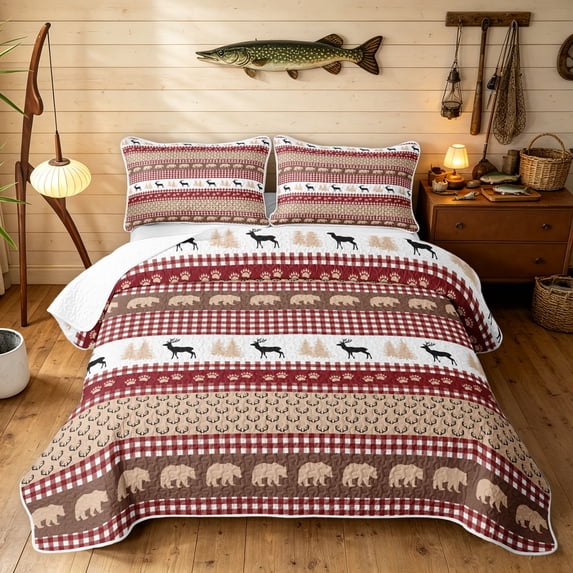 Manfei Country Style Deer Quilt King, Hippie Jungle Bear King Coverlet Set, Tan Red, Gray Reversible, 3 Pieces, 1 Bedspread and 2 Pillowcases
