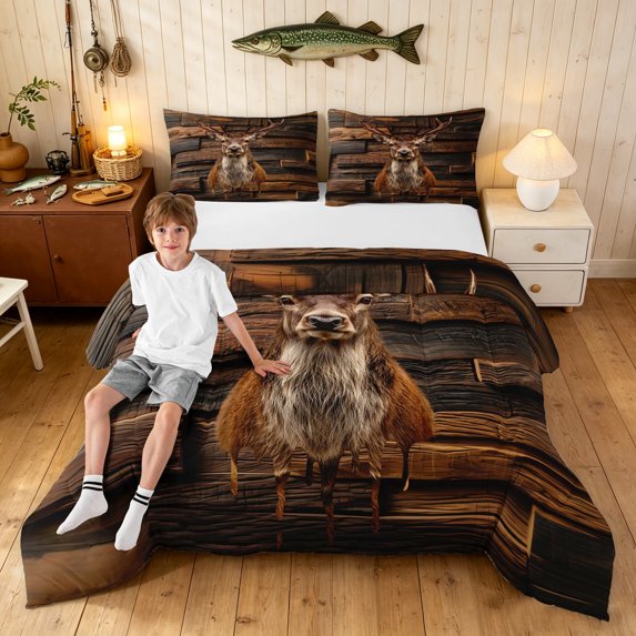 Manfei Country Style Elk Full Size Comforter Sets, Wooden Lake House Bedding Comforter Set, Dark Brown, Black Reversible, 3-Piece, 1 Comforter and 2 Pillowcases