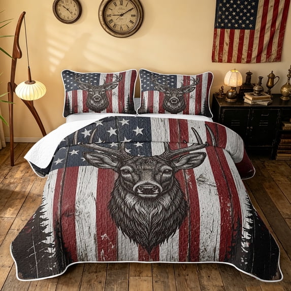 Manfei Country Style Moose Bed Spread Queen, Wooden American Flag Queen Coverlet Set, Gray Red, Black Reversible, 3-Piece, 1 Quilt and 2 Pillowcases