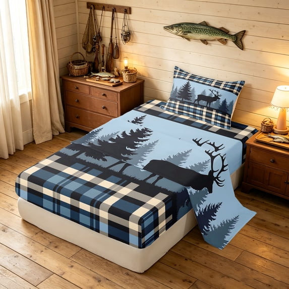 Manfei Country Style Moose Twin Sheets, Hippie Buffalo Bedding, Navy Black, 3pcs, 1 Flat Sheet, 1 Fitted Sheet and 1 Pillowcase