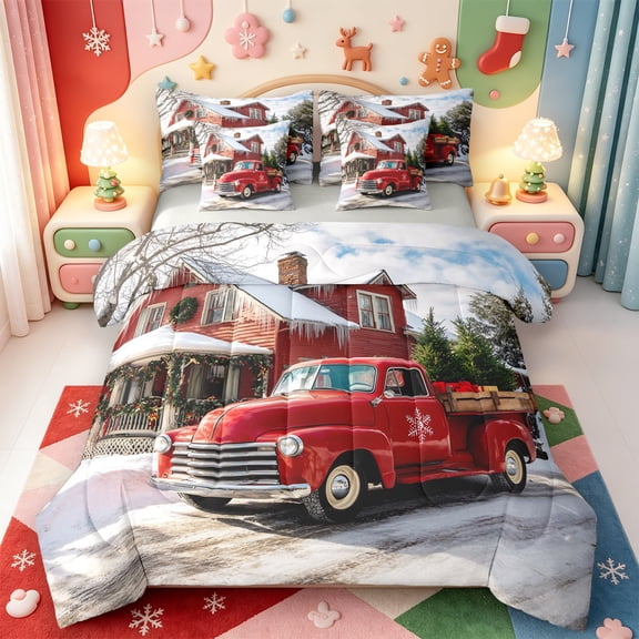Manfei Country Vintage Christmas 7-Piece Twin Bedding,Rustic Santa Sleigh Bedding Comforter Set,Light Gray Reversible