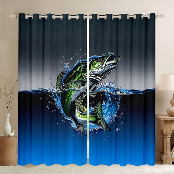 Manfei Countryside Bass Fish Kitchen Curtains, Water Splash Black Out Curtains Pack of 2 (42x63 Each), Green Blue