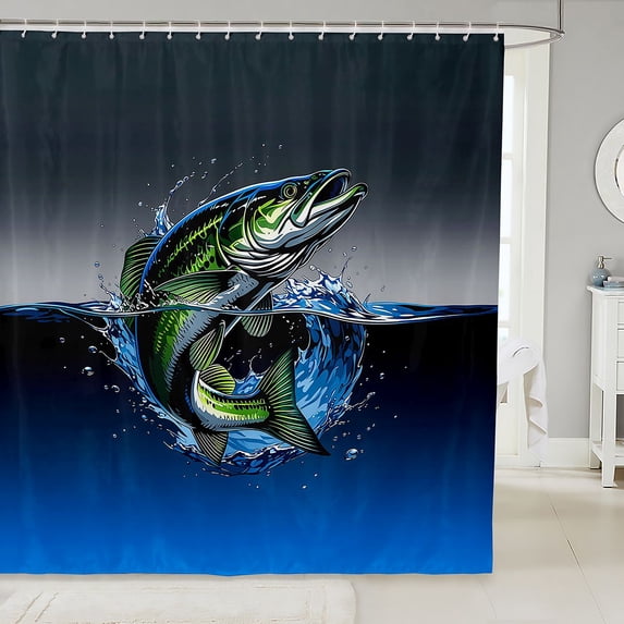 Manfei Countryside Bass Fish Shower Curtain 72Wx84L, Water Splash Bathroom Shower Curtain, Green Blue