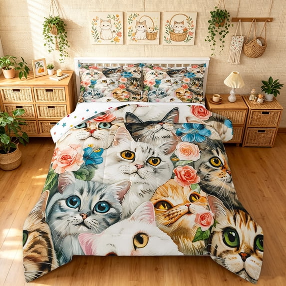 Manfei Countryside Cat Kitten King Size Comforter Sets, Vintage Garden Rose Comforters King Size, Beige, Polkadot Reversible, 3 Pieces, 1 Comforter and 2 Pillowcases