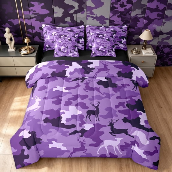 Manfei Countryside Moose Elk Twin Bedding, Vintage Camo Abstract Bedding Comforter Set, Purple, Black Reversible, 7 Pieces