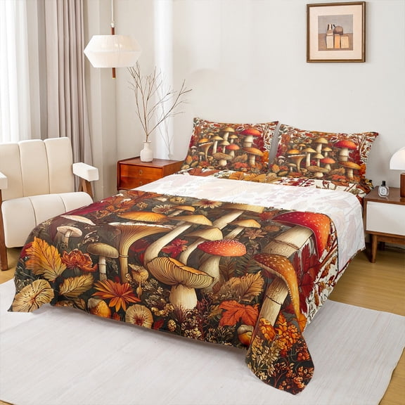Manfei Countryside Red Mushroom Bed Sheets,Rustic Flower Fungus King Sheets,Autumn Maplea Leaf Sheet Set For Girl Kids,Super Cozy Room Decor,4 Pieces