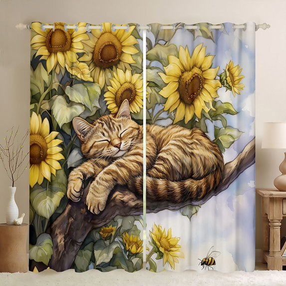 Manfei Countryside Sunflower Cat Blackout Curtains Set of 2 (38x54 Each), Rustic Life Living Room Curtains, Yellow