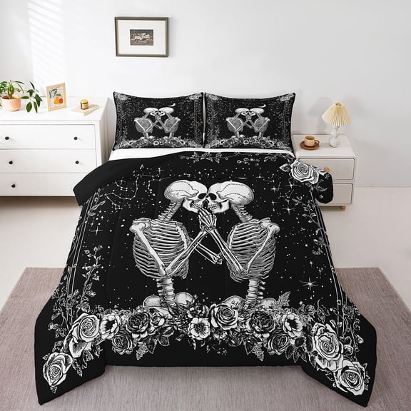 Manfei Couple Gothic Skeleton Bedding Comforter Set for Adult, Romantic Rose Valentines Day Twin Comforter Sets, Mystic Galaxy Reversible Bedding Set, Lightweight Room Decor, 2-Piece