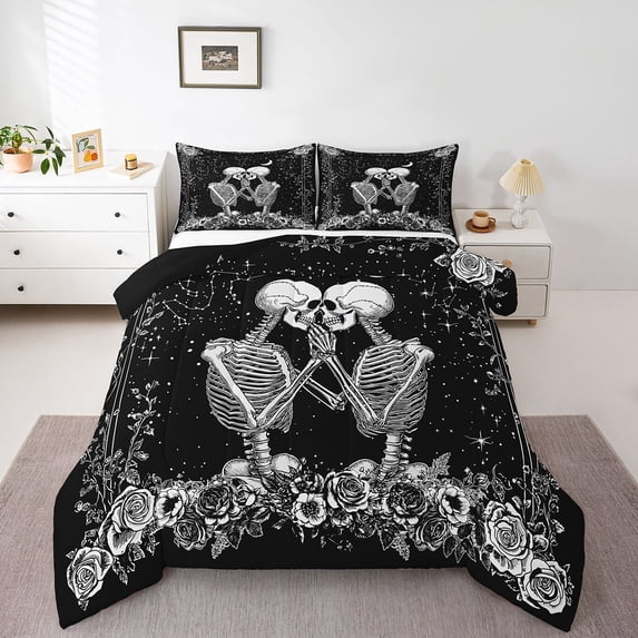 Manfei Couple Gothic Skeleton Full Size Comforter Sets for Adult, Romantic Rose Valentines Day Bedding Comforter Set, Mystic Galaxy Reversible Bedding Sets, Lightweight Room Decor, 3-Piece