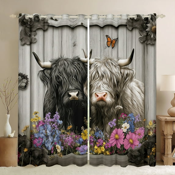 Manfei Couple Highland Bull Curtains Pack of 2 (42x84 Each), Kawaii Farm Animal Curtains Blackout, Colorful Farmhouse Floral Bedroom Curtains, Curtains and Drapes Home Decor