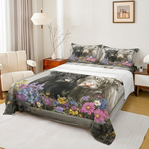 Manfei Couple Highland Bull Twin Sheet Sets, Kawaii Farm Animal Twin Fitted Sheet, Colorful Farmhouse Floral Flat Sheet, Ultra Soft Home Decor, 3pcs