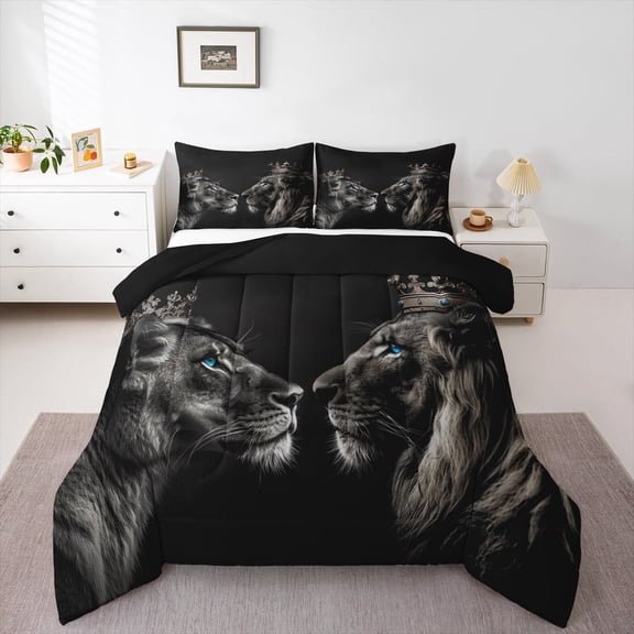 Manfei Couple Lion Comforter Sets Twin Size, 3D Animals Comforters & Duvets, Romantic Valentines Day Reversible Bedding Twin Comforter Set, Super Cozy Room Decoration, 2 Pieces