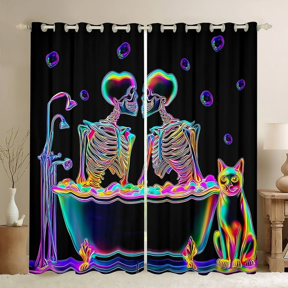 Manfei Couple Neon Skeleton Curtains Pack of 2 (42x84 Each), Romantic Gothic Halloween Curtains Blackout, Valentines Day Bedroom Curtains, Living Room Curtains Decor