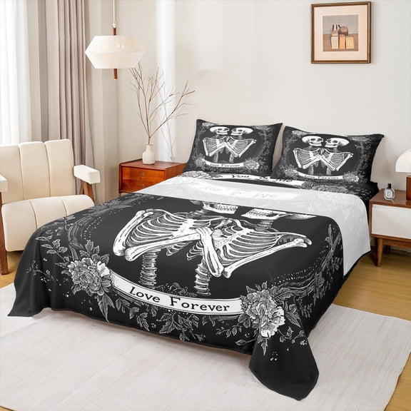 Manfei Couple Skeleton Skull Bed Sheets, Romantic Gothic Bride King Sheets, Bohemian Valentines Day Sheet Set, Microfiber Bedroom Decor, 4 Pieces
