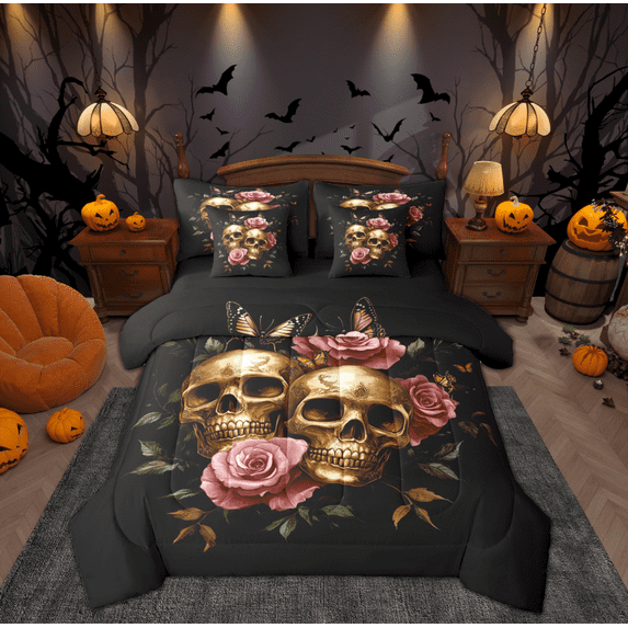 Manfei Couple Skeleton Skull Bedding Comforter Set 7pcs, Pink Rose Floral Flower Queen Bedding Sets, Gothic Romantic Reversible Queen Sheet Sets, Luxury Bedroom Decor