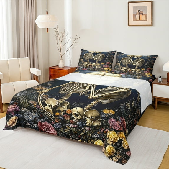 Manfei Couple Skull Skeleton Full Size Sheets, Bohemian Flower Floral Bed Sheets, Romantic Anniversary Sheet Sets, Lightweight Room Decor, 4-Piece