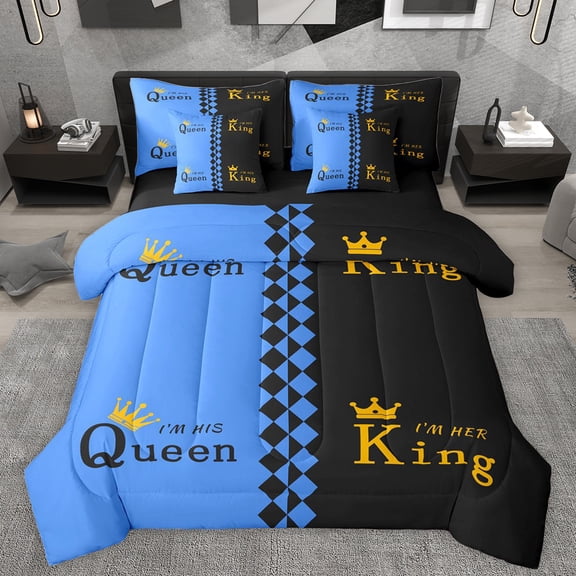 Manfei Couple Valentines Day Bedding Comforter Set 7pcs, Black Blue Cartoon King Bedding Sets, Romantic Anniversary Theme Reversible Bed Sheets, Lightweight Room Decor