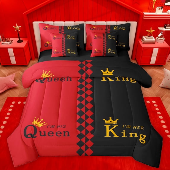 Manfei Couple Valentines Day Bedding Comforter Set 7pcs, Black Red Cartoon Queen Bedding Sets, Romantic Anniversary Theme Reversible Queen Sheet Sets, Breathable Home Decor
