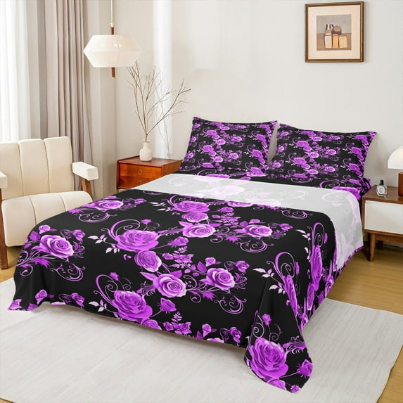 Manfei Couple Valentines Day Queen Sheet Sets, Purple Flower Floral Flat Sheet, Chic Botanical Rose Queen Fitted Sheet, Luxury Bedroom Decor, 4pcs