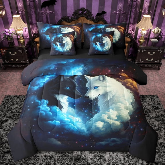 Manfei Couple Wolf Animal Bedding Comforter Set 7pcs, Kawaii Dreamy Animal Queen Bedding Sets, Glitter Stars Starry Sky Reversible Queen Sheet Sets, Breathable Home Decor