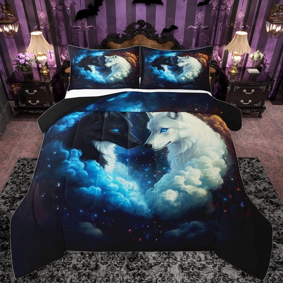 Manfei Couple Wolf Animal Queen Comforter Set, Kawaii Dreamy Animal Bedding Sets, Glitter Stars Starry Sky Reversible Bedding Comforter Set, Breathable Home Decor, 3-Piece