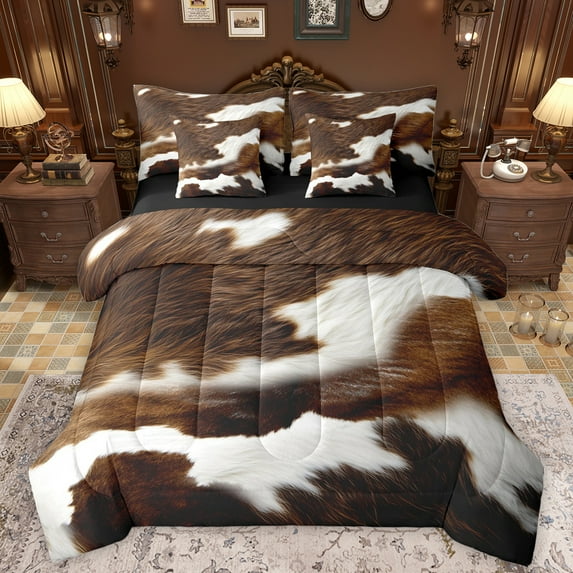 Manfei Cow Hide 7-Piece Twin Bedding Sets,Rustic Farmhouse Cabin Bedding Comforter Set,Farm Animal Cattle Sheet Sets For Adults,Super Cozy Room Decor Reversible
