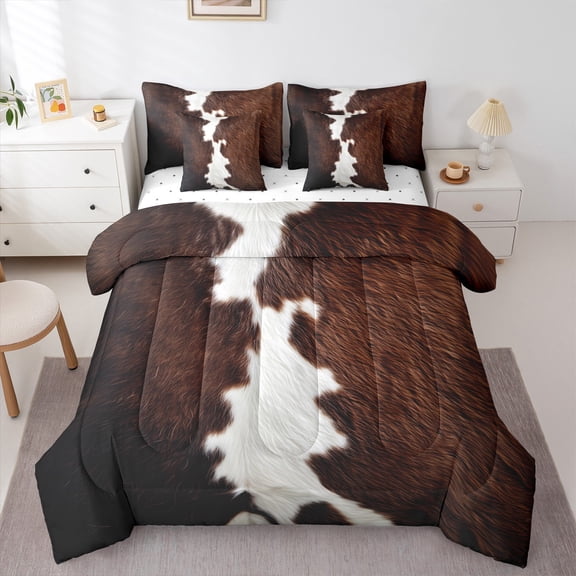 Manfei Cow Hide Print 7-Piece Bedding Comforter Set,Brown Cattle Hide King Bedding Sets,Brown Gray Bed Sheets For Adults,Microfiber Bedroom Decor