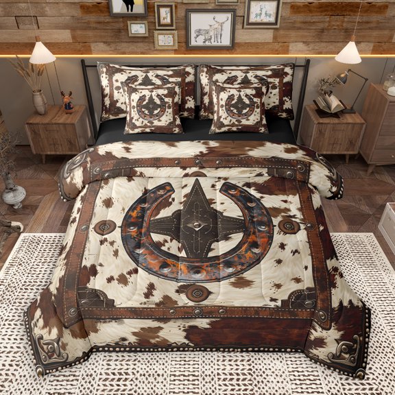Manfei Cow Hide Print 7 Pieces Bedding Comforter Set,Retro Western Horseshoe Full Bedding Set,Rustic Farmhouse Cabin Fitted Sheet Flat Sheet For Adults,Microfiber Bedroom Decor Reversible