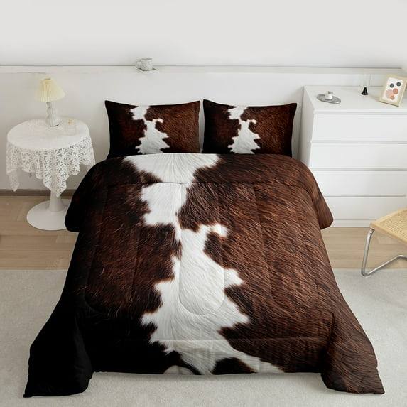 Manfei Cow Hide Print Bedding Comforter Set,Brown Cattle Hide Twin Comforter Sets,Brown Gray Bedding Set For Adults,Microfiber Bedroom Decor,2-Piece