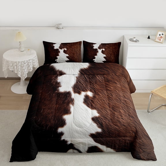 Manfei Cow Hide Print Full Size Comforter Sets,Brown Cattle Hide Bedding Comforter Set,Brown Gray Bedding Sets For Adults,Microfiber Bedroom Decor,3 Pieces