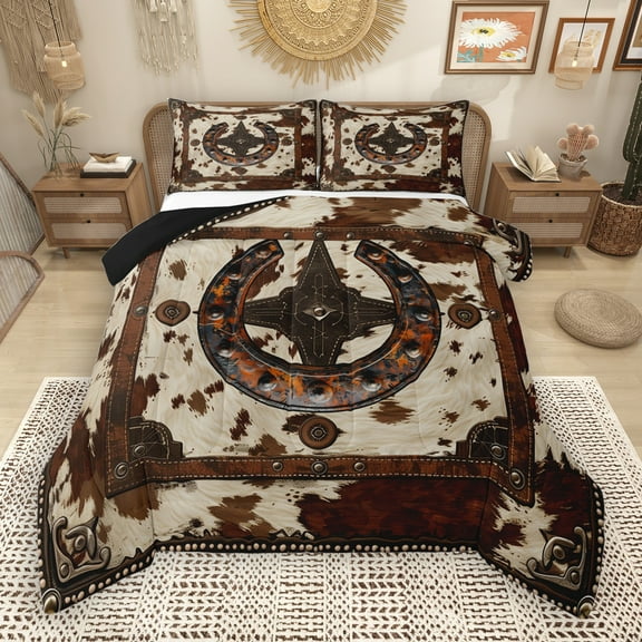 Manfei Cow Hide Print Full Size Comforter Sets,Retro Western Horseshoe Bedding Comforter Set,Rustic Farmhouse Cabin Bedding Sets For Adults,Microfiber Bedroom Decor Reversible,3pcs