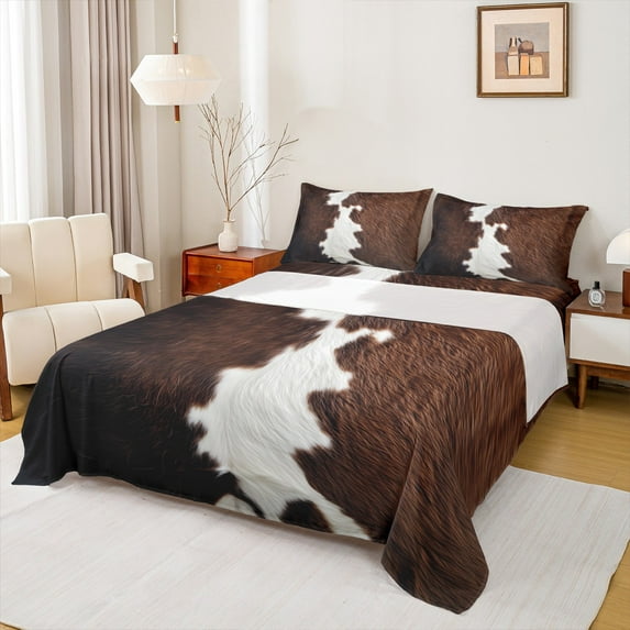 Manfei Cow Hide Print Full Size Sheets,Brown Cattle Hide Bed Sheets,Brown Gray Sheet Sets For Adults,Microfiber Bedroom Decor,4 Pieces