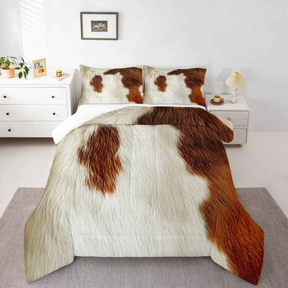 Manfei Cow Hide Print King Size Comforter Sets,Rustic Farmhouse Cabin Bedding Comforter Set,Beige Brown Cattle Hide Bedding Set For Adults,Microfiber Bedroom Decor,3-Piece