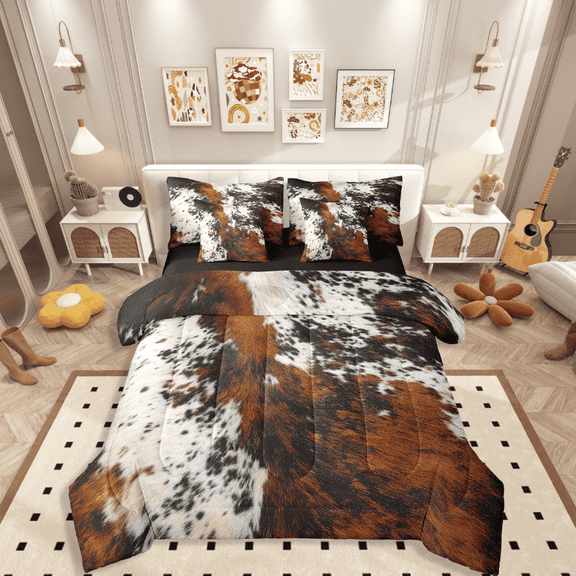 Manfei Cow Print 7pcs Bedding Comforter Set,Highland Cattle Queen Bedding Sets Super Cozy,Animal Print Queen Sheet Sets,Lightweight Abstract Room Decor,Reversible